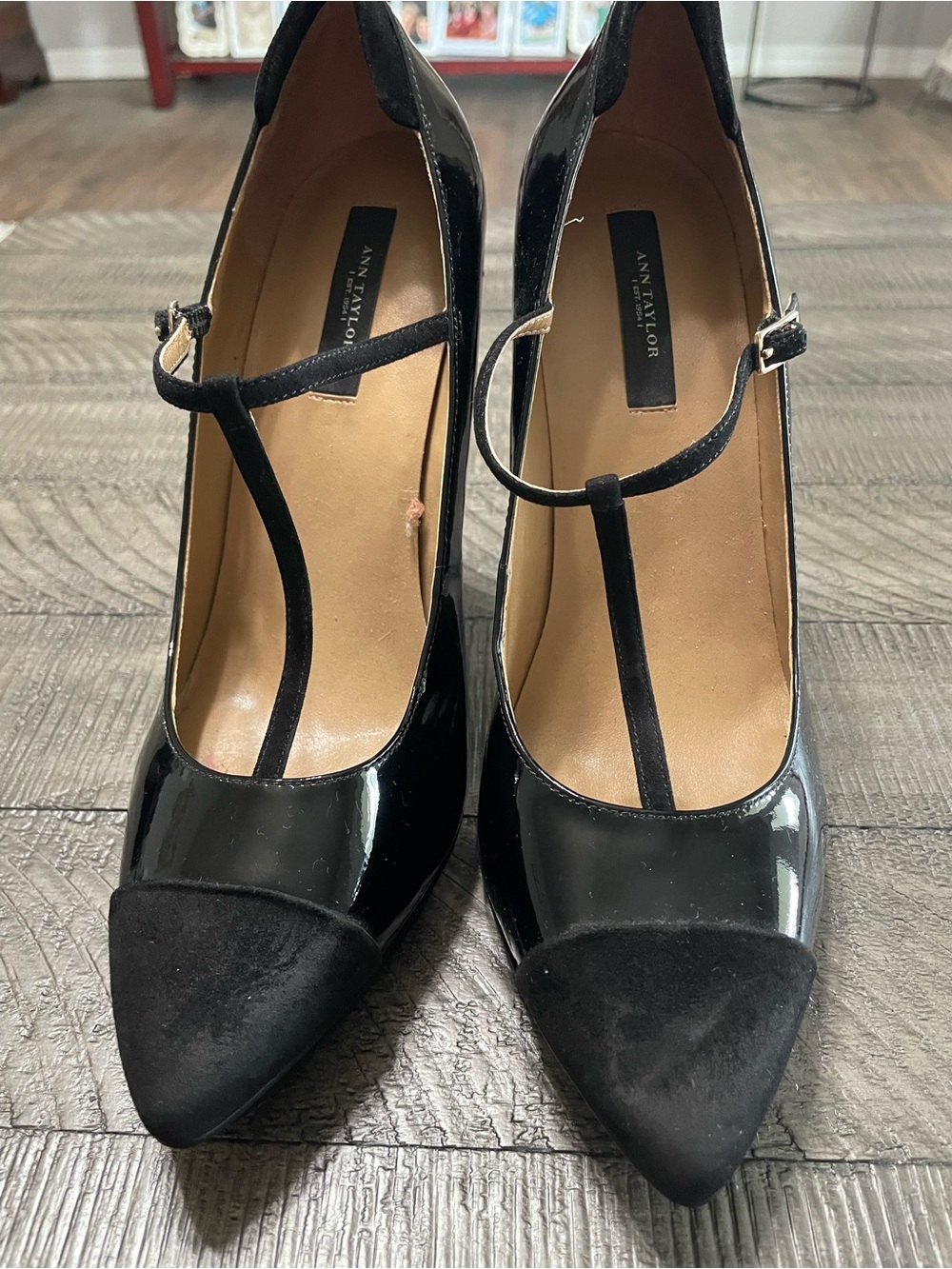 Ann Taylor Black Patent and Suede T-Strap Pointed Pumps